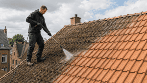 Couvreur nettoyant une toiture en tuiles avant démoussage et traitement hydrofuge