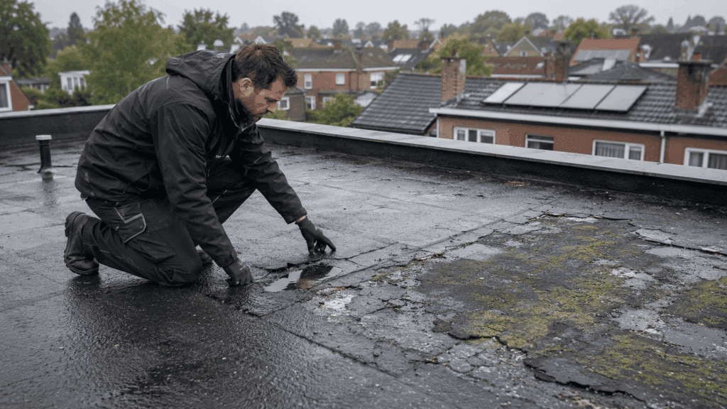Couvreur inspectant une fuite sur une toiture plate après la pluie