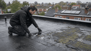 Couvreur inspectant une fuite sur une toiture plate après la pluie