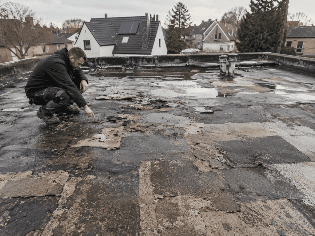 Toiture plate ancienne avec membrane fissurée nécessitant une réfection complète