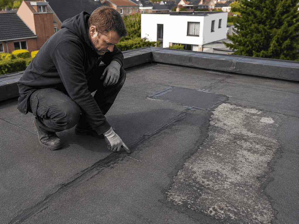 Inspection d’une ancienne étanchéité de toiture plate avant rénovation